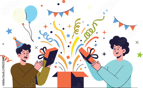 Flat Cartoon Style Two Men Opening a Surprise Gift Box with Confetti Streamers and Balloons for Birthday Anniversary and Holiday Celebration Designs