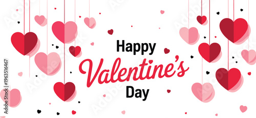 Happy Valentine's Day greeting card banner with red and pink hanging paper cut hearts, romantic celebration background, vector illustration, love.