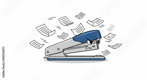 Furious stapler launching papers with its angry face