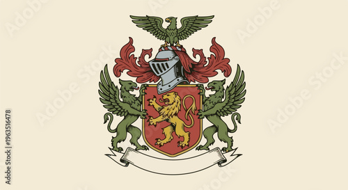 Heraldic crest with lion, griffins, helmet, eagle, and banner