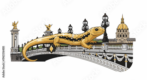 Golden salamander crosses a Parisian bridge with dome architecture