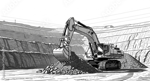 Excavator at Work - A Detailed Line Art Illustration.