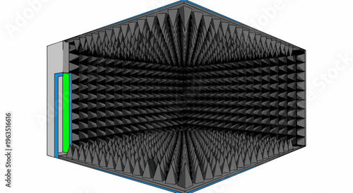 Hexagonal chamber with sound-absorbing pyramidal foam interior and colored panels