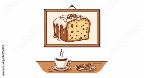 Framed illustration of glazed bread with orange slice and coffee
