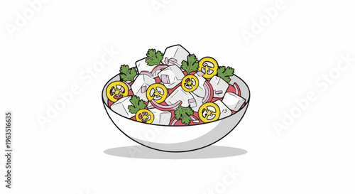 Fresh ceviche in a white bowl with onions, peppers, and herbs