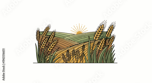 Golden wheat fields under a rising sun, rich harvest season