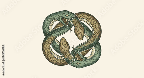 Four snakes entwined in a circular knot-like pattern