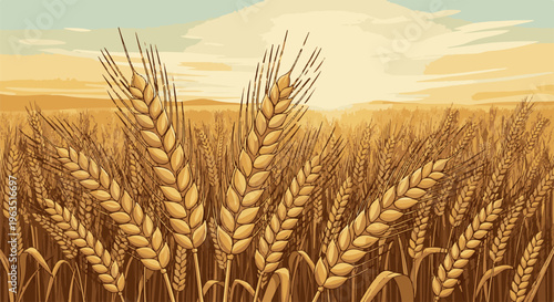 Golden wheat stalks sway gently in a sun-drenched field under a hazy sky