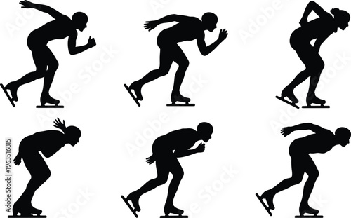 Speed skating silhouette vector set, professional ice skaters racing, winter sports athletes in action, speed skater competition poses, isolated on white.
