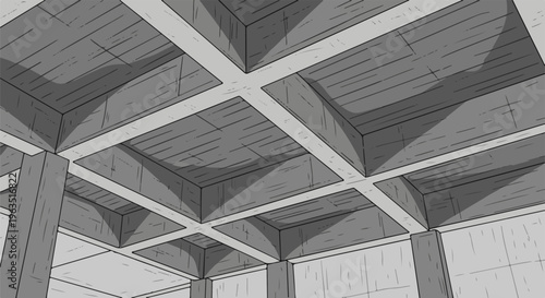 Geometric overhead view of intersecting concrete beams and ceiling panels