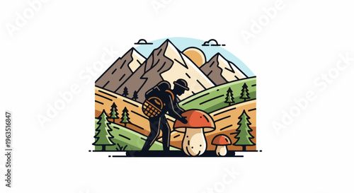 Hiker gathering large mushrooms in a mountainous forest landscape