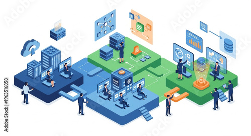 Isometric Illustration of Data Processing and Cloud Computing Infrastructure.