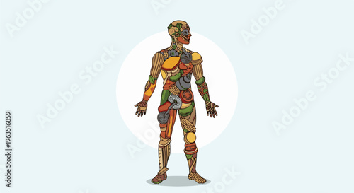 Human figure constructed from various food items, standing