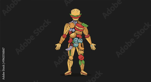 Human body constructed from various foods on a dark background