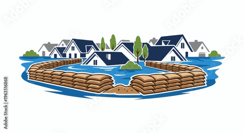 Houses submerged in water with sandbag barricades protecting them