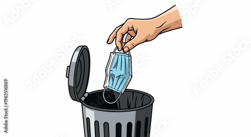 Hand discarding a used blue protective face mask into a trash can