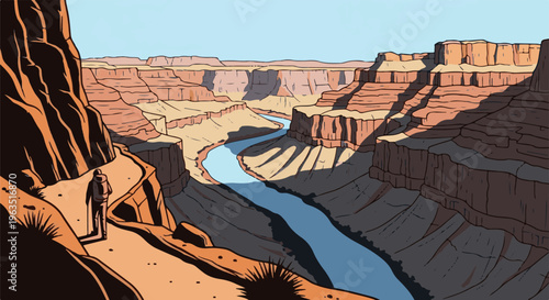 Hiker on trail overlooking vast canyon with river below