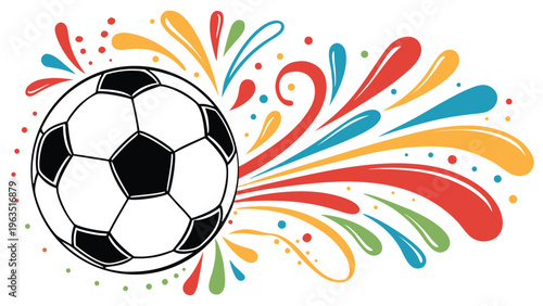 Colorful celebration surrounding a vibrant soccer ball with dynamic brush strokes
