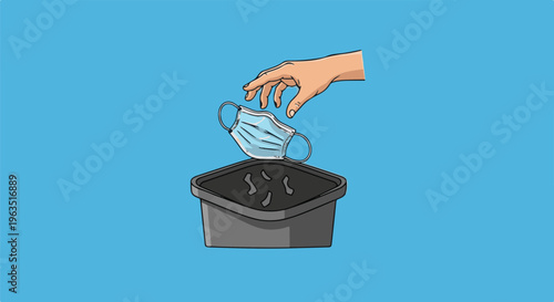 Hand discarding a used protective mask into a trash bin