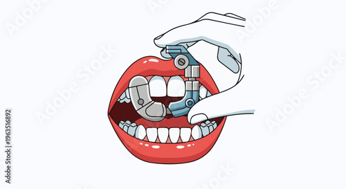 Human hand inserts robotic teeth into open mouth, showing dental modification