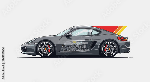 Gray sports car with engine cutaway and colorful stripe detail