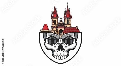 Gothic cathedral and skull emblem