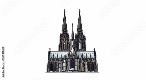 Gothic cathedral with twin spires and intricate facade on white background