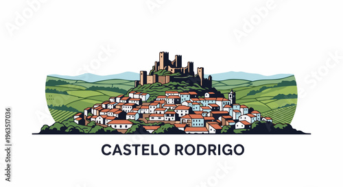 Historic hilltop village with ancient fortress overlooking green valleys and farmland