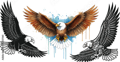 Eagle Illustration Set with Flying Bald Eagle, Wings Spread and Ink Splash Style, Powerful Bird of Prey Artwork for Tattoo, Logo and Vector Design