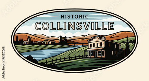 Historic town scene with a river, hills, and buildings in an oval