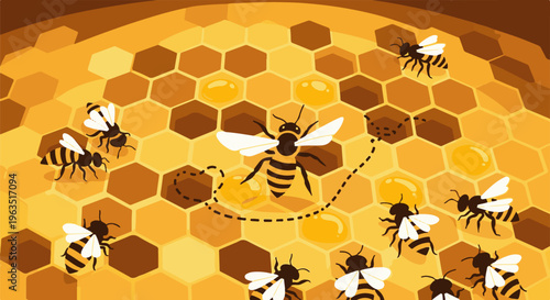 Honeycomb pattern with buzzing bees, some carrying nectar, and a dotted flight path