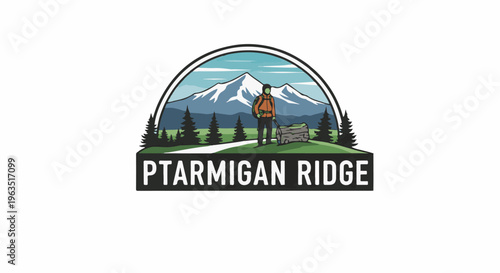 Hiker with backpack and log rests by snowy mountains and pine forest