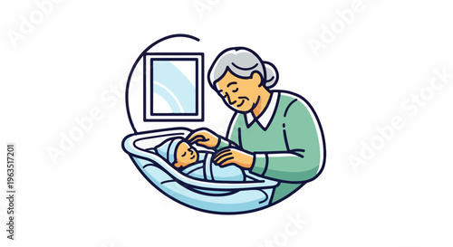 Grandma caring for her baby grandchild in a cradle