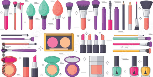 Comprehensive cosmetic makeup tool set featuring brushes, lipstick, nail polish, eye shadow palette, and beauty accessories for salon and fashion