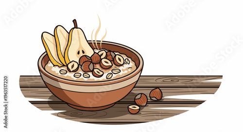 Hot bowl of porridge with sliced pears and nuts on a wooden surface