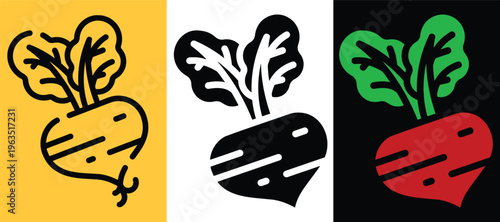 Colorful vegetable icons with leaves on yellow white and black backgrounds