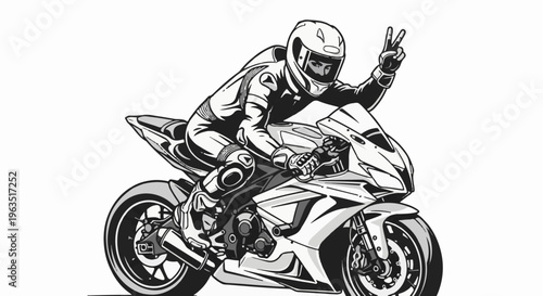 Graphic illustration of a motorcyclist in full gear doing a peace sign