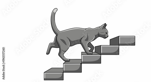 Gray cat ascending steps, simple illustration