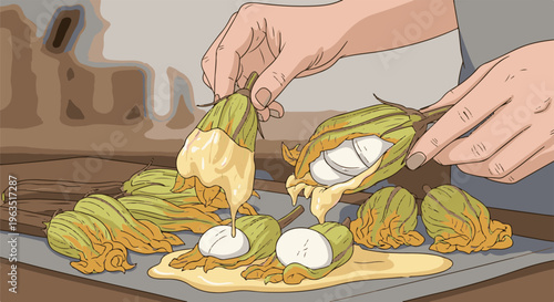 Hands stuffing and battering fresh zucchini flowers with cheese filling for frying