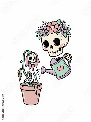 Skeleton watering a dying plant, adorned with flowers