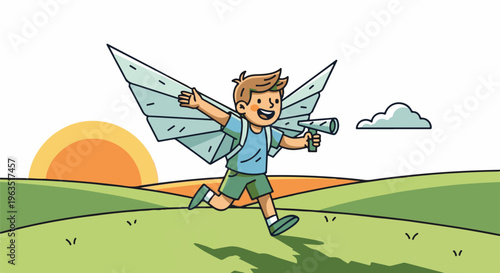Joyful boy with wings runs through rolling hills at sunrise