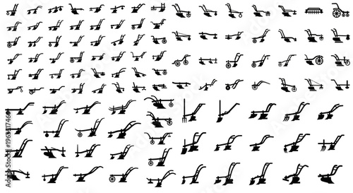 Vintage farm plow silhouettes icon set collection, A comprehensive black silhouette collection on a white background, displaying a wide variety of vintage horse-drawn and walking farm plows