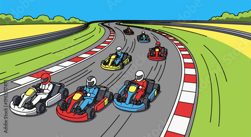 Go-karts race on a winding track with colorful barriers