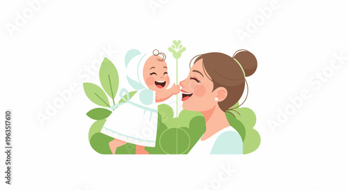 Joyful interaction between a mother and her baby amidst lush green foliage