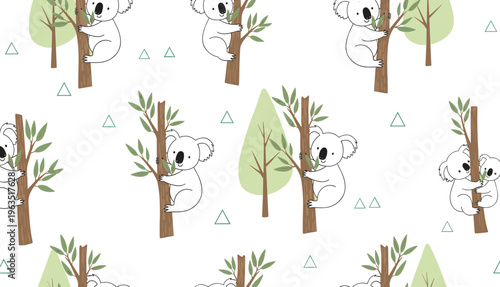 Seamless Koala Pattern with Cute Cartoon Koalas Climbing Trees and Leaves Repeating Background for Textile Fabric Wallpaper and Vector Design