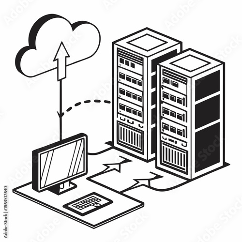 Isometric 3d illustration of an urban city with skyscrapers and office buildings connected to a cloud computing concept via a laptop vector design