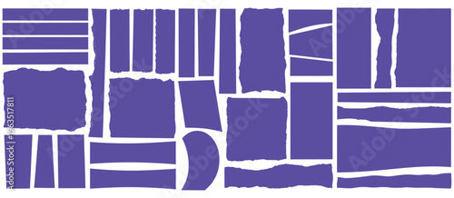 Purple ripped paper edge collection with torn pieces and textured borders set isolated on transparent background for creative design.