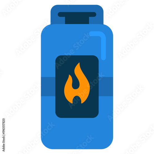 Flat style blue gas cylinder with orange flame symbol