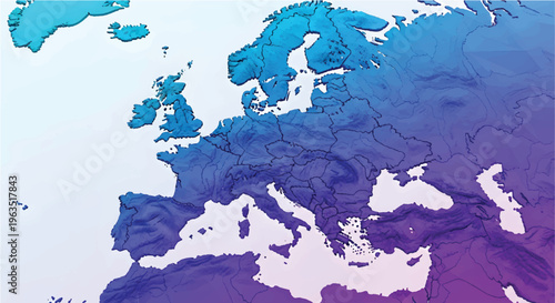 Abstract Europe map vector illustration, blue and purple gradient continental silhouette with country borders, modern geographic background for infographics