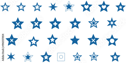 Blue star collection with various hollow and solid shapes for rating systems and decorative graphic design on transparent backdrop.